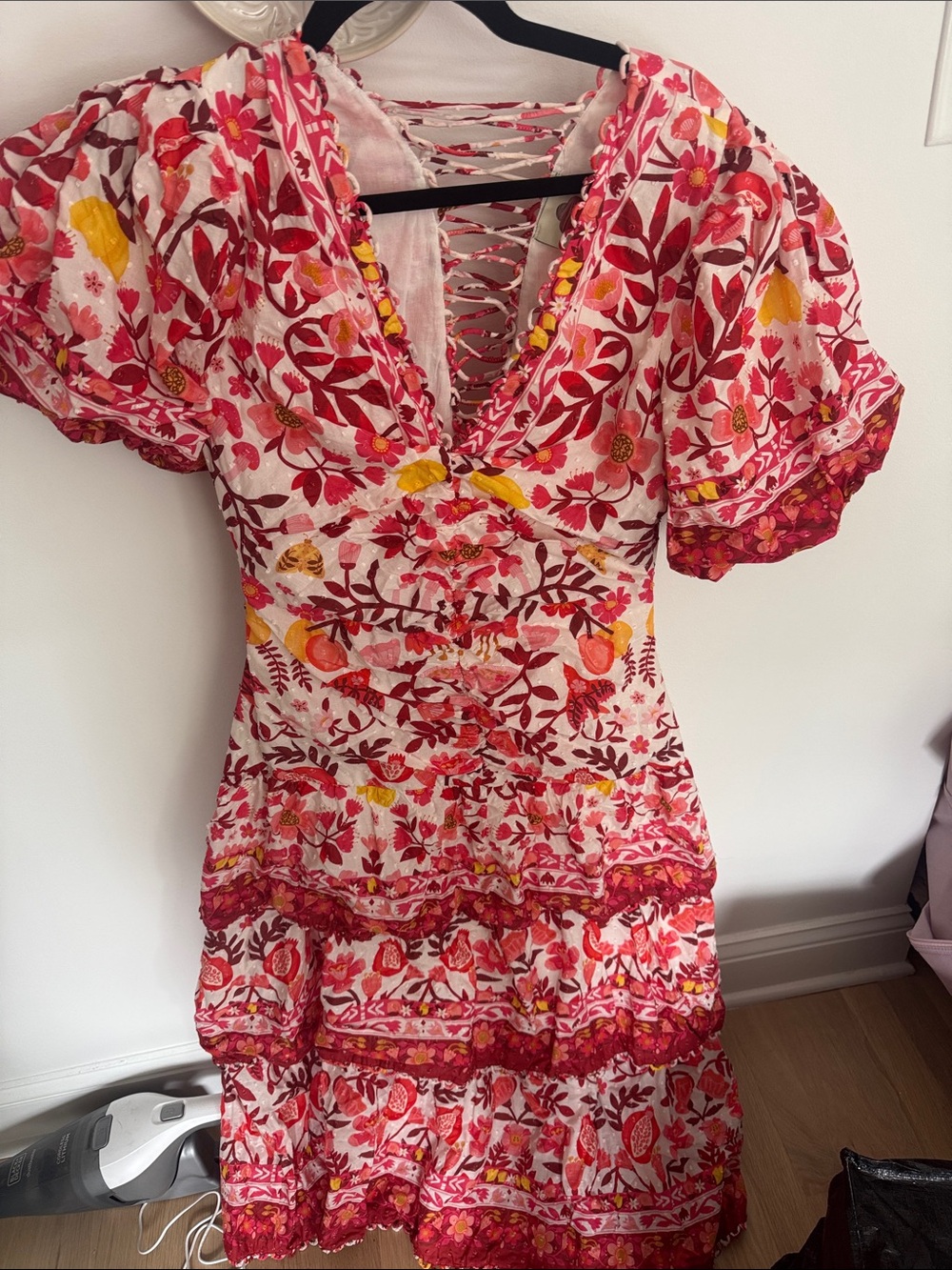 FARM Rio Pink, Red and Yellow Floral Tiered Midi Dress